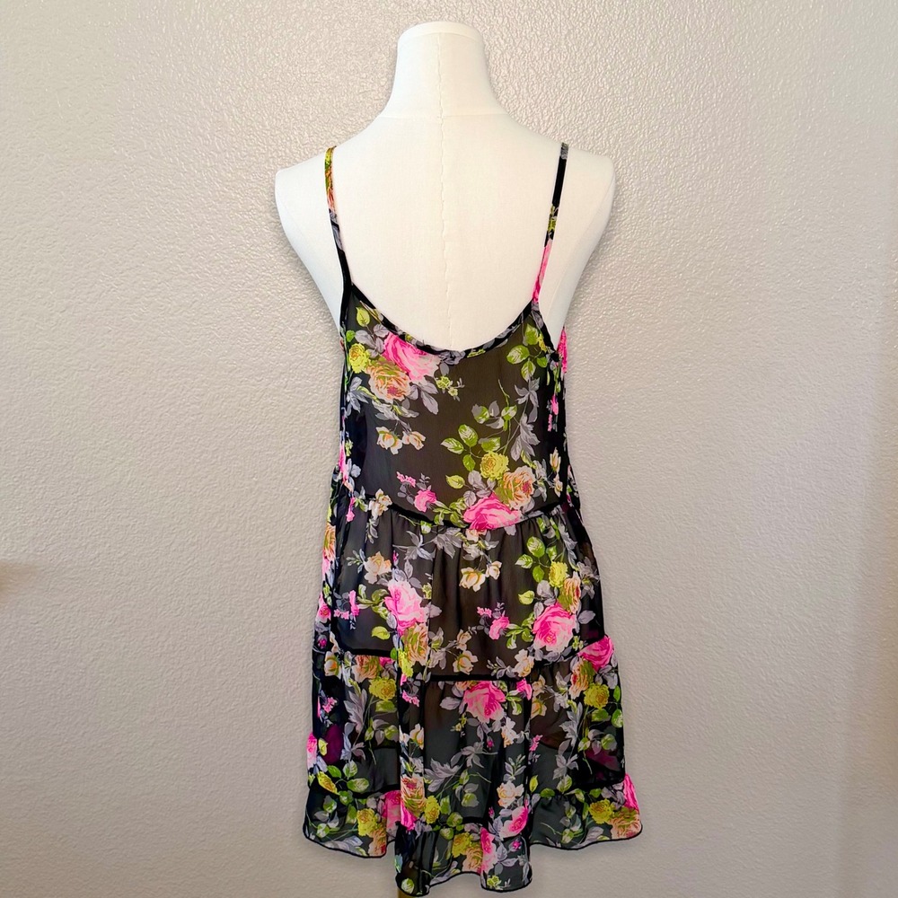 Poetry Black Pink Floral Chiffon Tiered Mini Dress Y2K Whimsigoth Fairy Grunge S - Picture 5 of 14